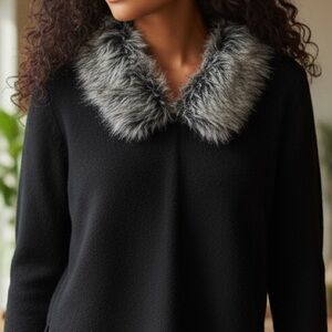 Lucidity Black Wool Blend Ribbed Cuffs Sweater With Faux Fur Vneck Collar XL